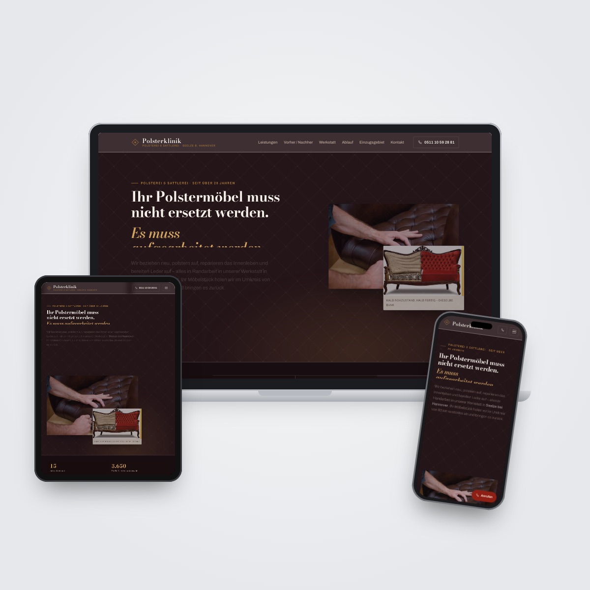 Website der Polsterklinik auf Laptop, Tablet und Smartphone