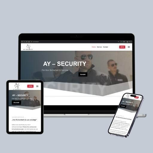 Website von AY Security auf Laptop, Tablet und Smartphone