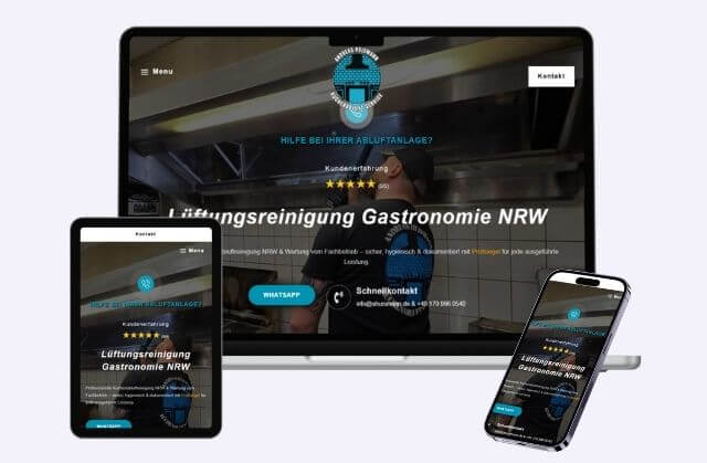Nachher: Küchenabluft Service Huismann – klarer Fokus auf Gastronomie, Bewertungen und schnellen Kontakt